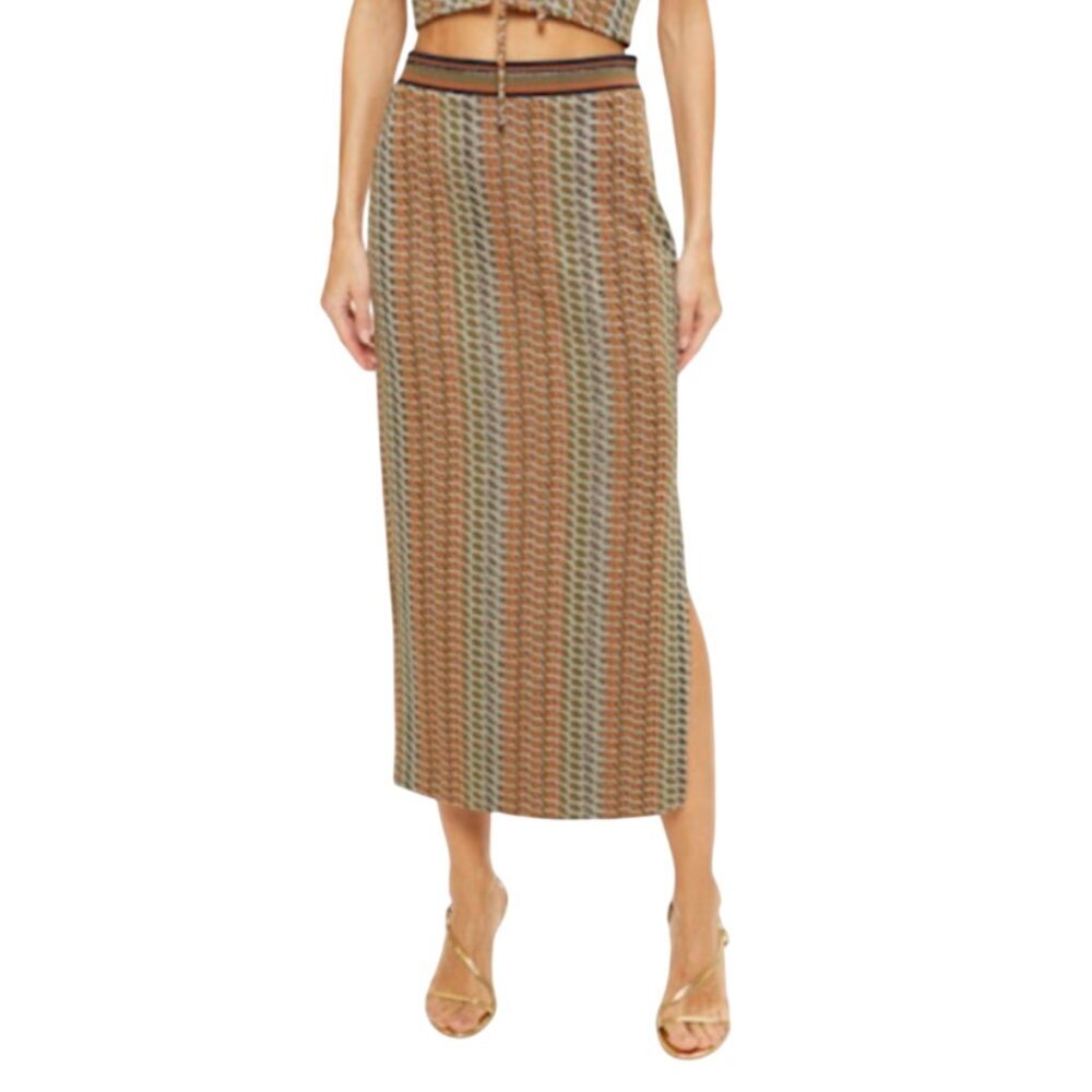 Ramy Brook Eli Midi Skirt Womens XS Green Orange High Rise Side Slit Moab Geo